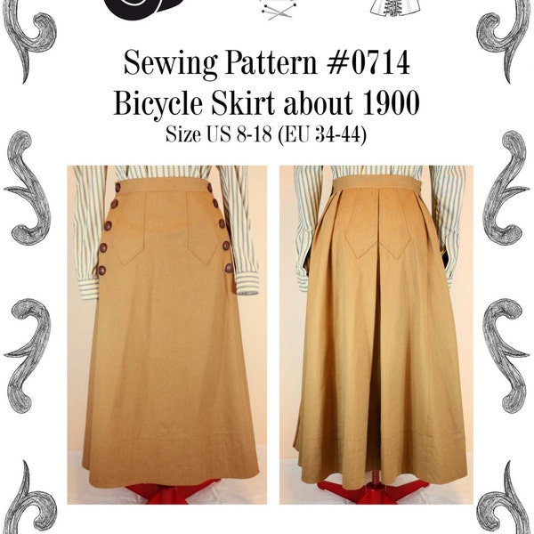 Edwardian Bicycle skirt about 1900 Sewing Pattern #0714  Size US 8-30 (EU 34-56) PDF Download