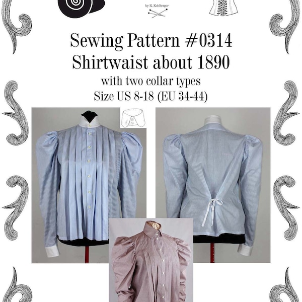 Edwardian Shirtwaist about 1890 with two collar types Sewing Pattern #0314 Size US 8-30 (EU 8-56) PDF Download