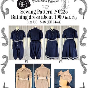 May include: Sewing pattern for a vintage bathing dress from 1900, including a cap. The pattern features multiple views of the dress in navy blue and tan, with white trim. Sizes US 8-18 (EU 34-44).