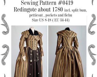 Redingote or Georgian dress about 1780 incl. split-bum, pockets and fichu Sewing Pattern #0419 Size US 8-30 (EU 34-56) PDF Download