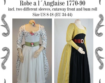 Vestido rococó Robe a la Anglaise 1770-90 con dos variantes de mangas, frente recortado y cojín a tope Patrón de costura #0519 Tamaño EU 34-56 Descargar PDF