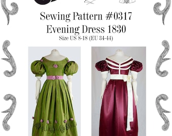 Biedermeier Evening Dress about 1830 Sewing Pattern #0317 Size US 8-30 (EU 34-56) PDF Download