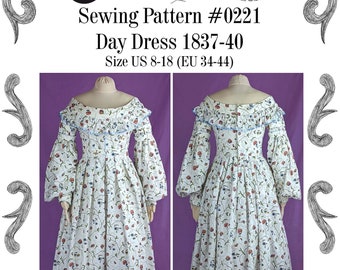 Day Dress 1837-40 Sewing Pattern #0221 Size US 8-30 (EU 34-56) PDF Download