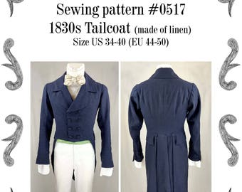 1830 Tailcoat (linen) sewing pattern #0517 Size US 34-56 (EU 44-66) PDF Download