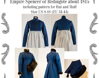 Empire Spencer oder Redingote um 1815 mit Hut und Muff Schnittmuster #0319 Größe EU 34-56 PDF Download