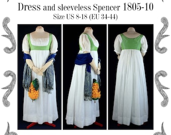 Empire / Regency dress with sleeveless Spencer 1805 to 1810 Sewing Pattern #0119 Size US 8-30 (EU 34-56) PDF Download