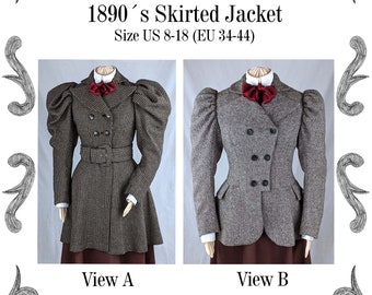 Victorian Skirted Jacket around 1890 with leg-o-mutton sleeves Sewing Pattern #0520 Size US 8-30 (EU 34-56) PDF Download