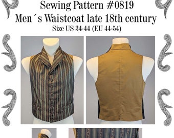 Georgian Mens Waistcoat, late 18th century Sewing Pattern #0819 Size US 34-56 (EU 44-66) PDF Download