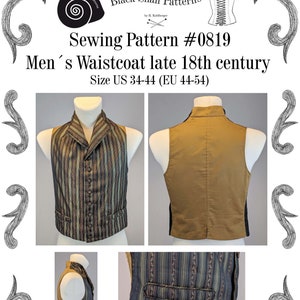 Georgian Mens Waistcoat, late 18th century Sewing Pattern #0819 Size US 34-56 (EU 44-66) PDF Download