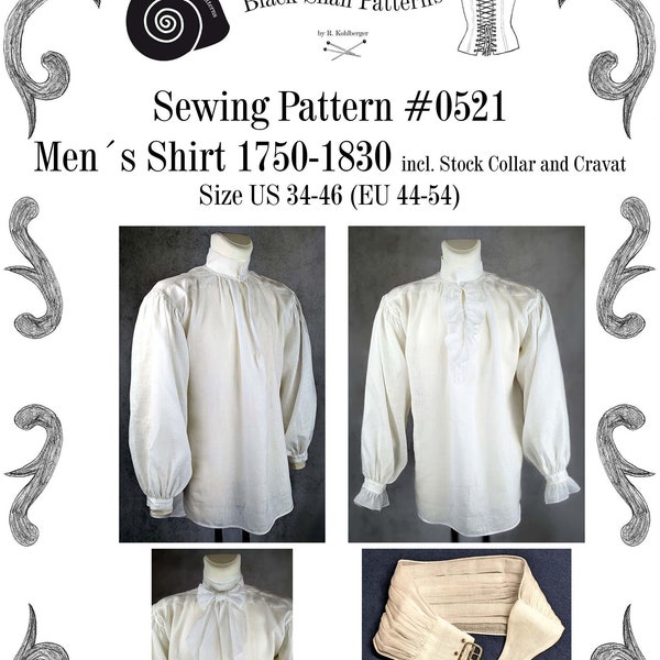 Georgian Empire Regency Mens Shirt Sewing Pattern #0521 Size US 34-56 (EU 44-66) PDF Download