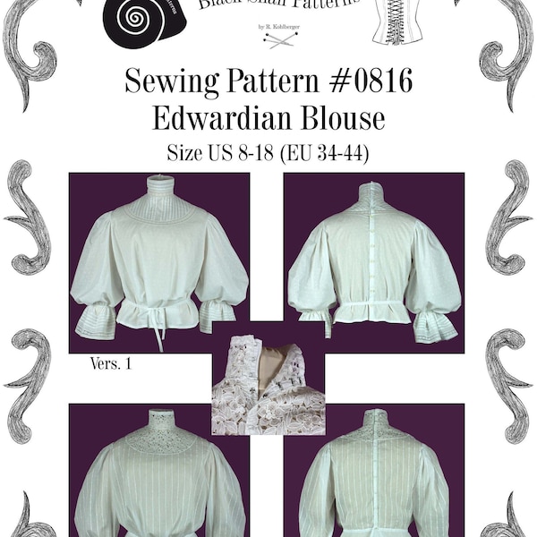 Edwardianische Bluse Schnittmuster #0816 Größe EU 34-56 PDF Download