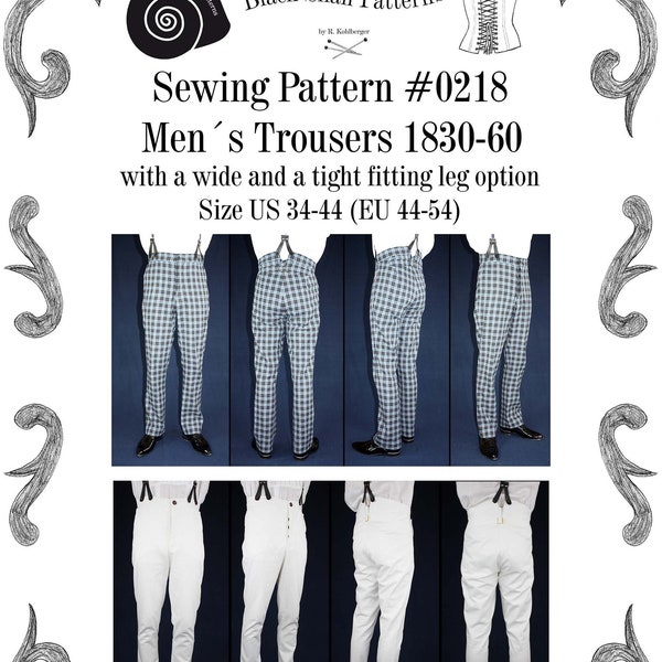 Mens Trousers 1830 to 1860 with a wide and a tight fitting leg Sewing Pattern #0218 Size US 34-56 (EU 44-66) PDF Download