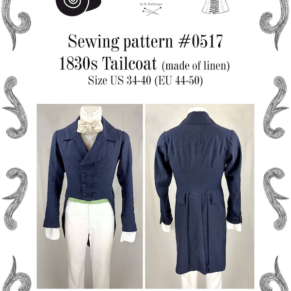 1830 Tailcoat (linen) sewing pattern #0517 Size US 34-56 (EU 44-66) PDF Download