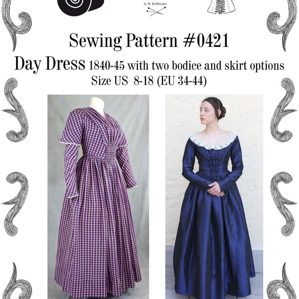 Robe de jour 1840-45 Patron de couture #0421 Taille EU 34-56 (US 8-30) Téléchargement PDF