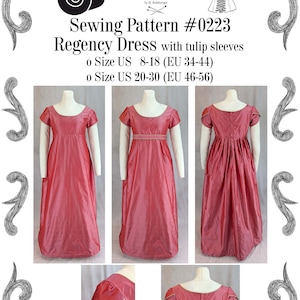 Regency dress with Tulip Sleeves Sewing Pattern #0223 Size US 8-30 (EU 34-56) PDF Download