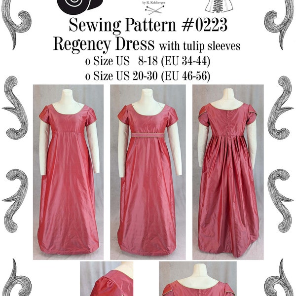Regency Kleid mit Tulpenärmeln Schnittmuster #0223 Größe EU 34-56 PDF Download