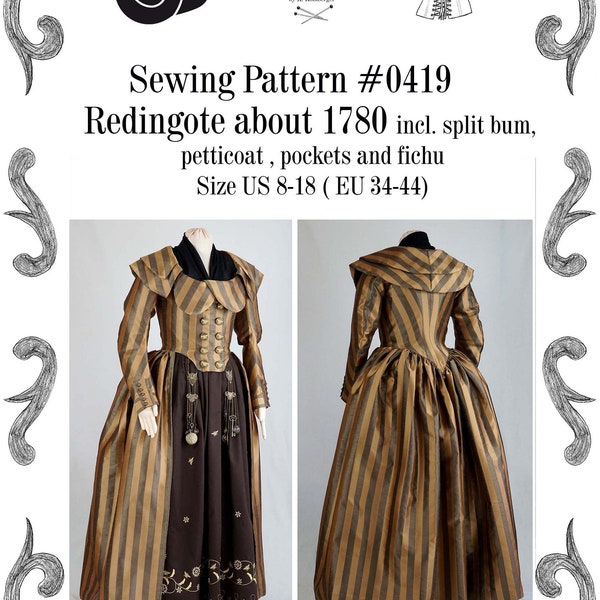 Redingote or Georgian dress about 1780 incl. split-bum, pockets and fichu Sewing Pattern #0419 Size US 8-30 (EU 34-56) PDF Download