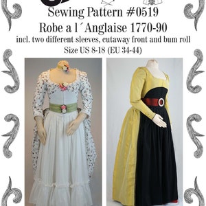 Robe a la Anglaise 1770-90 incl. two different sleeves, cutaway front and bum roll Sewing Pattern #0519 Size US 8-30 (EU 34-56) PDF Download