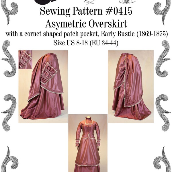 Victorian Asymmetric Overskirt  Early Bustle with a cornet shaped patch pocket Sewing Pattern #0415 Size US 8-30 / EU 34-56 PDF Download