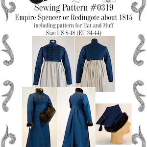 Empire Spencer or Redingote about 1815 with hat and muff Sewing Pattern 0319 Size US 8-30 EU 34-56 PDF Download image 1