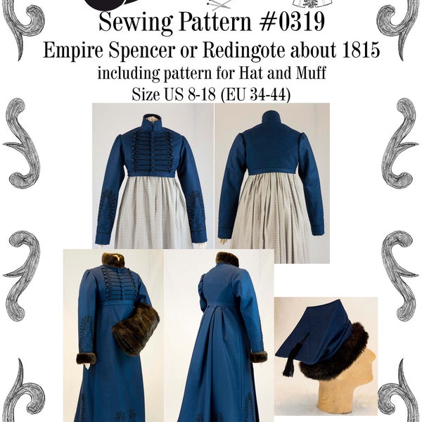 Empire Spencer or Redingote about 1815 with hat and muff Sewing Pattern #0319 Size US 8-30 (EU 34-56) PDF Download