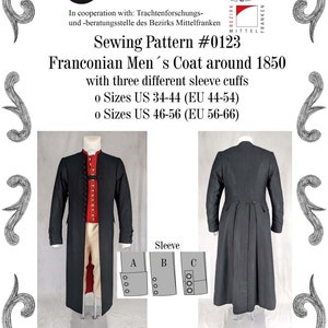 0123 Franconian Mens Coat around 1850 Sewing Pattern Size US 34-56 (EU 44-66) PDF Download