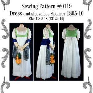 Empire / Regency dress with sleeveless Spencer 1805 to 1810 Sewing Pattern #0119 Size US 8-30 (EU 34-56) PDF Download