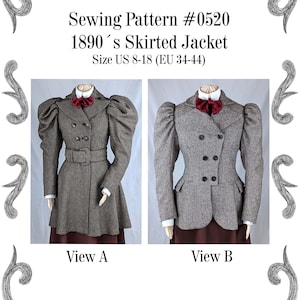 Victorian Skirted Jacket around 1890 with leg-o-mutton sleeves Sewing Pattern #0520 Size US 8-30 (EU 34-56) PDF Download