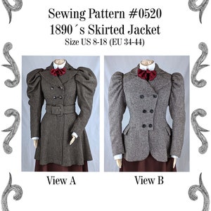 Victorian Skirted Jacket around 1890 with leg-o-mutton sleeves Sewing Pattern #0520 Size US 8-30 (EU 34-56) PDF Download