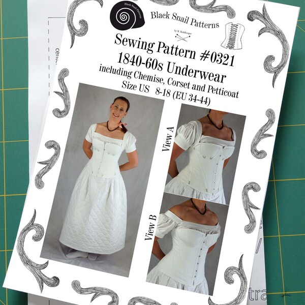 Late Biedermeier Sous-vêtements Corset Chemise Underskirt 1840-60 Pattern #0321 Taille EU 34-56 Paper Pattern