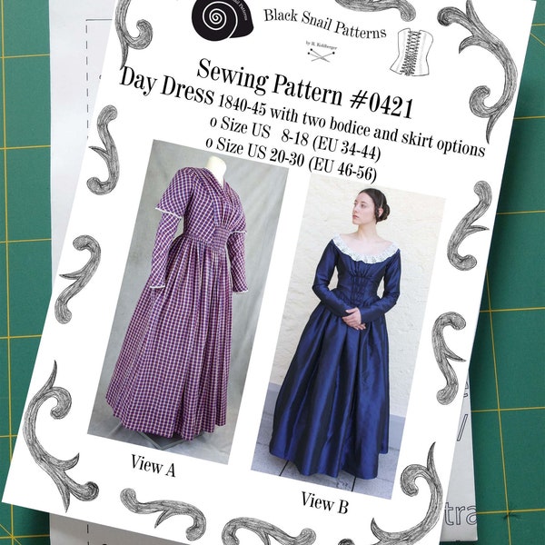 dag jurk 1840-45 patroon #0421 maat EU 34-56 (US 8-30) papier patroon