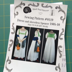 Empire / Regency dress with sleeveless Spencer 1805 to 1810 Sewing Pattern #0119 Size US 8-30 (EU 34-56) Printed Pattern