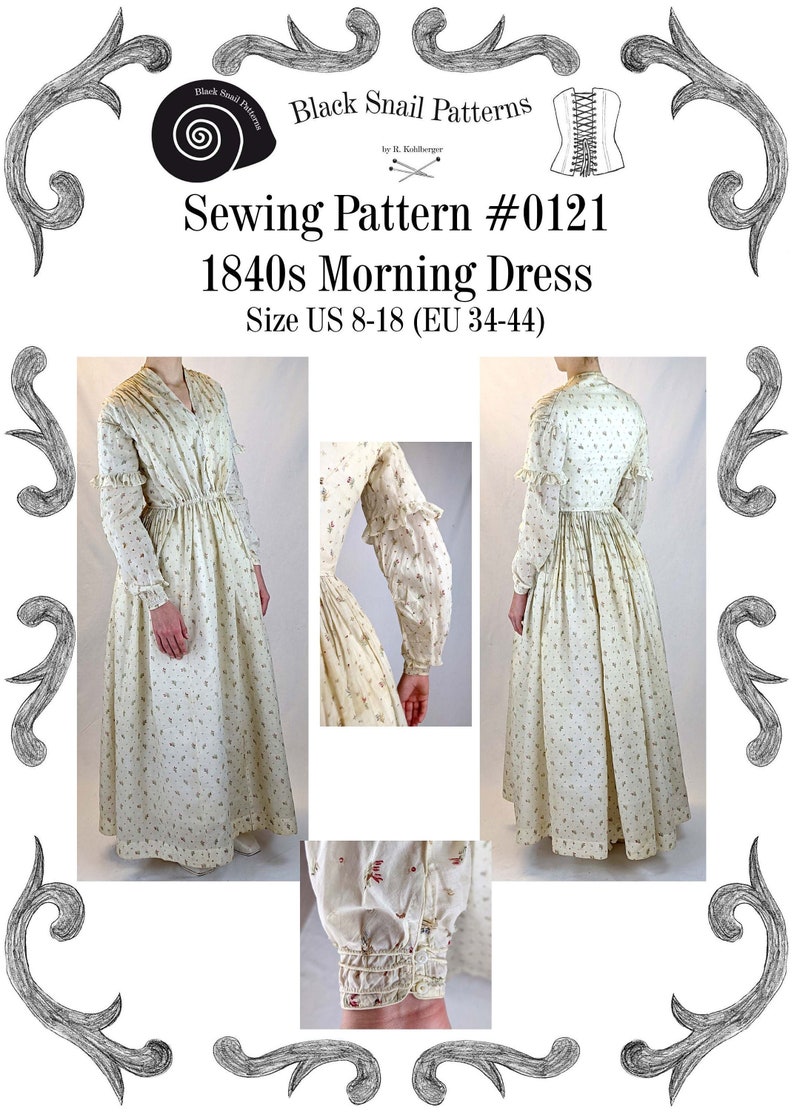 1840s Morning or Working Womans Dress Sewing Pattern 0121 Size US 8-30 EU 34-56 PDF Download image 1