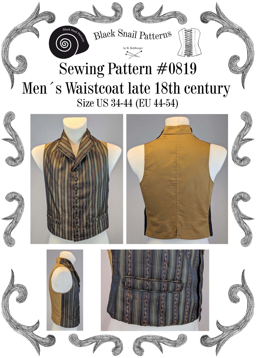 Buy Georgian Mens Waistcoat, Late 18th Century Sewing Pattern #0819 Size US  34-56 (EU 44-66) PDF Download Online in India