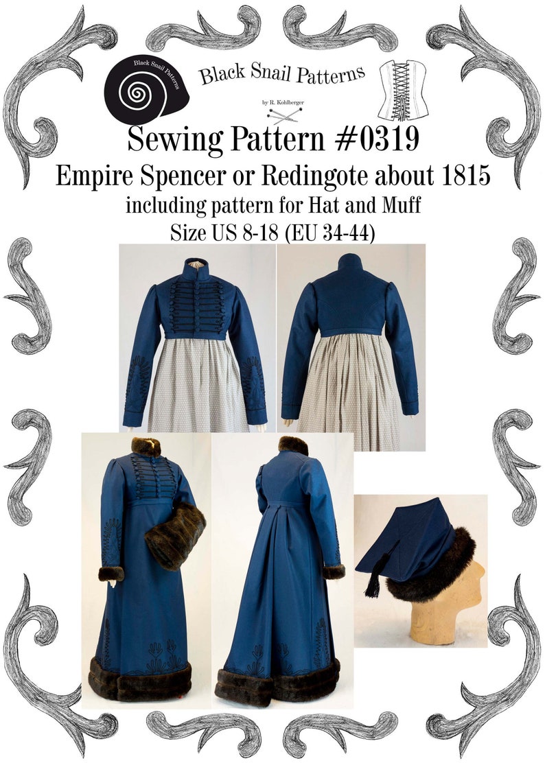 Empire Spencer or Redingote about 1815 with hat and muff Sewing Pattern 0319 Size US 8-30 EU 34-56 PDF Download image 1