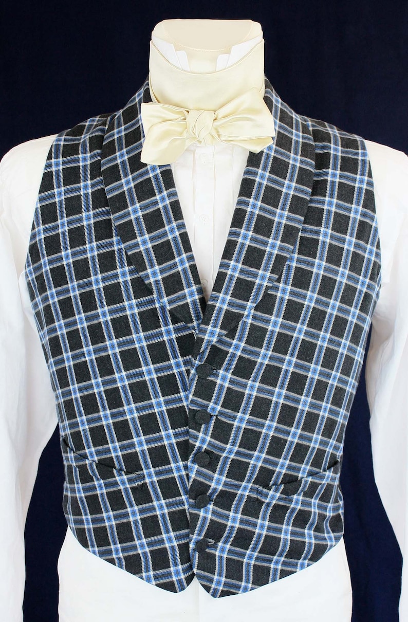 May include: A black and blue plaid vest with a white bow tie. The vest has a pointed collar and five buttons down the front.