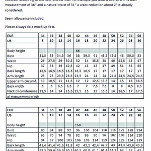 May include: Size chart for historical patterns, showing measurements in inches for bust, waist, hip, back length, arm length, upper arm circumference, back width, and neck circumference. The chart includes both US and European sizes.