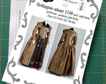 Redingote or Georgian dress about 1780 incl. split-bum, pockets and fichu Sewing Pattern #0419 Size US 8-30 (EU 34-56) Printed Pattern