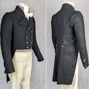 May include: A black tailcoat with gold buttons and a high collar. The coat has a long, flowing tail and is made of a fine fabric.