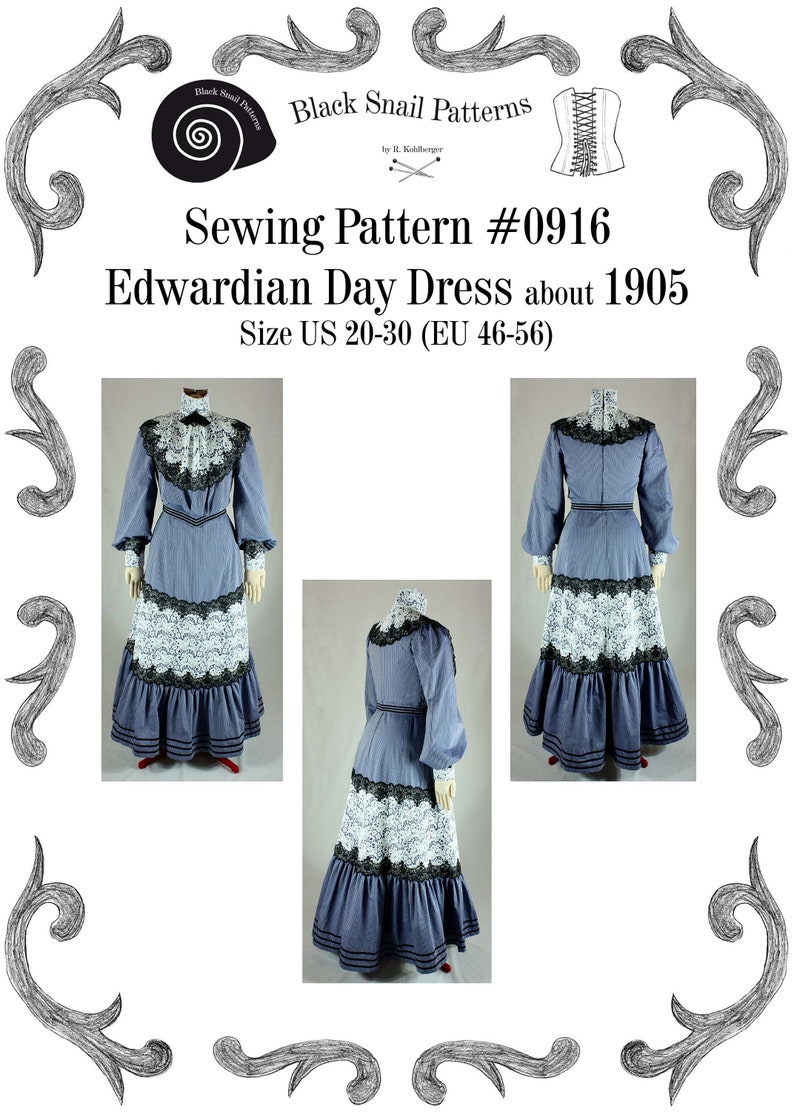 Victorian Sewing Patterns- Dress, Blouse, Hat, Coat, Lingerie 1905 Edwardian Day Dress about 1905 with a Turtleneck Sewing Pattern #0916 Size US 8-30 (EU 34-56) PDF Download $11.00 AT vintagedancer.com