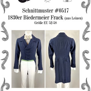 May include: A sewing pattern for a blue 1830s Biedermeier tailcoat, size EU 52-58, made from linen. The pattern is called "Schnittmuster #0517" and is from Black Snail Patterns by H. Kohlberger.