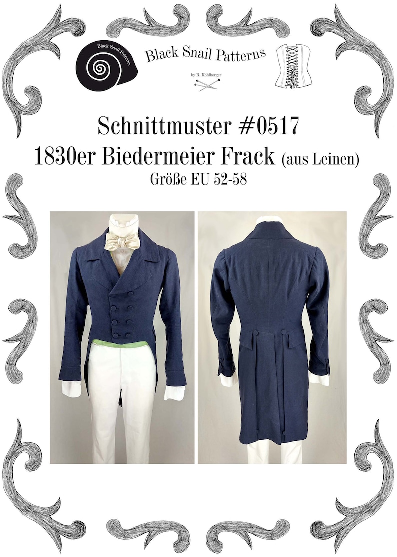 May include: A sewing pattern for a blue 1830s Biedermeier tailcoat, size EU 52-58, made from linen. The pattern is called "Schnittmuster #0517" and is from Black Snail Patterns by H. Kohlberger.