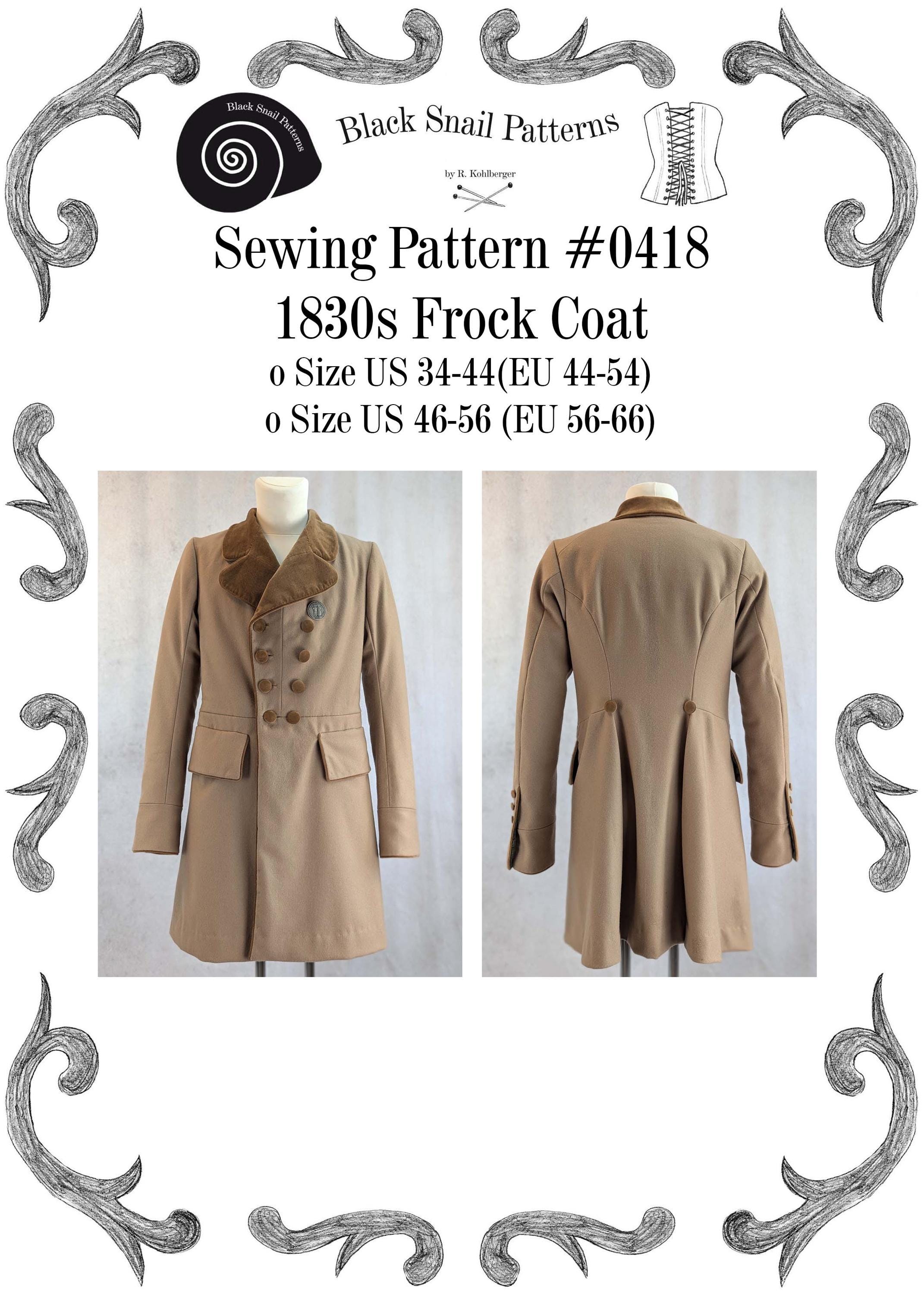 1830 Frock Coat Romantic Period Sewing Pattern #0418 Size US