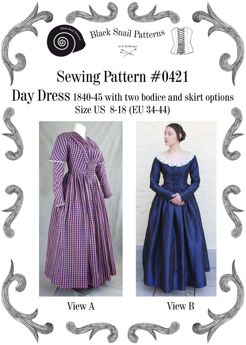 Day Dress 1837-40 Sewing Pattern 0421 Size US 8-30 EU 34-56 PDF Download image 1