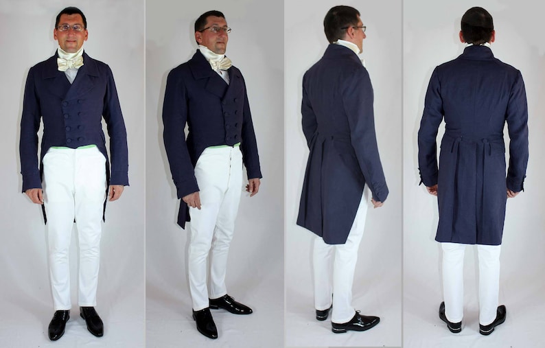 May include: A man wearing a dark blue tailcoat with white pants and a white cravat. The tailcoat has a long, pointed tail and is double-breasted. The man is standing in front of a white background.