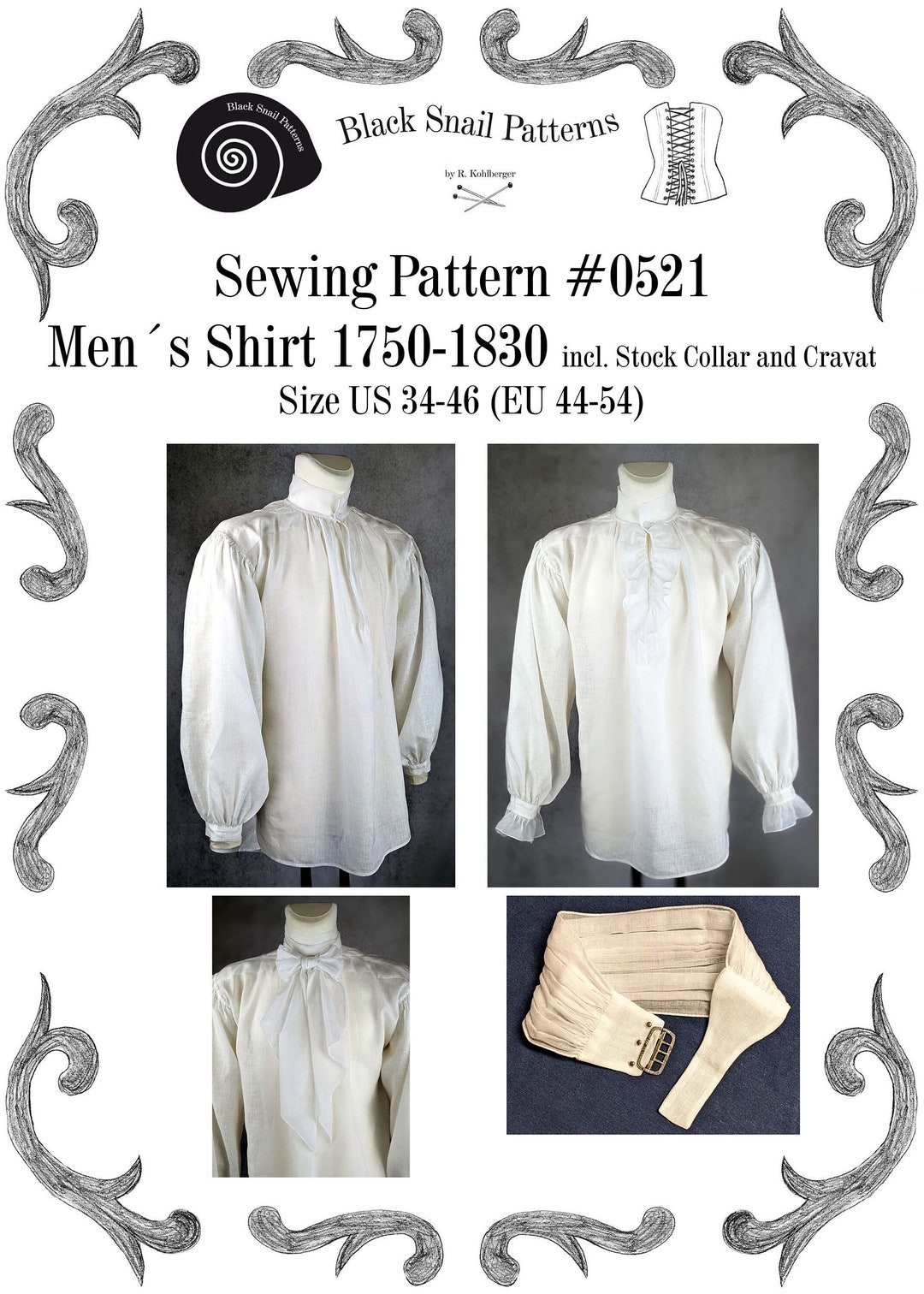 Georgian Empire Regency Mens Shirt Sewing Pattern 0521 Size US 34-56 EU ...