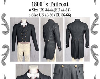 Empire Regency Mens Tailcoat from 1800 Sewing Pattern #0322 Size US 34-56 (EU 44-66) PDF Download