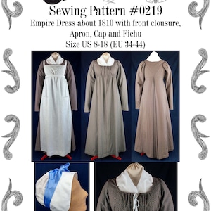 Empire / Regency dress with front clousure, apron, cap and fichu about 1810 Sewing Pattern #0219 Size US 8-30 (EU 34-56) PDF Download