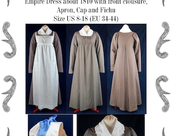 Puede incluir: Patrón de costura #0219 para un vestido imperio de alrededor de 1810. El patrón incluye un vestido, un delantal, una gorra y un fichú. El vestido tiene un patrón a cuadros marrón y blanco. El patrón es para las tallas US 8-18 (EU 34-44).