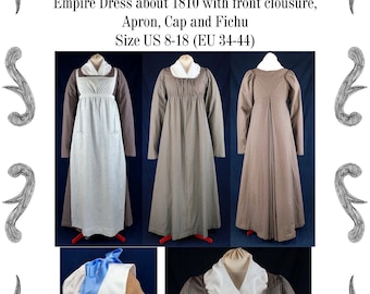 Empire / Regency dress with front clousure, apron, cap and fichu about 1810 Sewing Pattern #0219 Size US 8-30 (EU 34-56) PDF Download